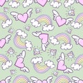 Seamless pattern with donuts, rainbow, heart with wings, precious diamond, Can be used for background images, web pages, surface