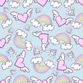 Seamless pattern with donuts, rainbow, heart with wings, precious diamond, Can be used for background images, web pages, surface