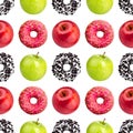 Seamless pattern donuts, red and green apples on white background isolated, healthy vs junk food concept, cakes or fruits diet Royalty Free Stock Photo