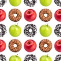 Seamless pattern donuts, red and green apples on white background isolated, healthy vs junk food concept, cakes or fruits diet Royalty Free Stock Photo