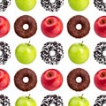 Seamless pattern donuts, red and green apples on white background isolated, healthy vs junk food concept, cakes or fruits diet Royalty Free Stock Photo