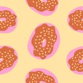 Seamless pattern of donuts with sprinkles, chocolate cream and pink glaze base, cartoon flat style Royalty Free Stock Photo