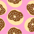 Seamless pattern of donuts with white balls, pink cream and wheat base in cartoon flat style Royalty Free Stock Photo