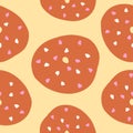 Seamless pattern of donuts with white and pink hearths and toasted base in cartoon flat style Royalty Free Stock Photo