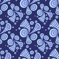 Seamless pattern with doodle abstract deformation circles in blue lilac on dark blue