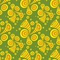 Seamless pattern with doodle abstract deformation circles in yellow orange on olive