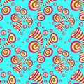 Seamless pattern with doodle abstract deformation circles in yellow red on blue