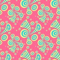 Seamless pattern with doodle abstract deformation circles in yellow blue on pink