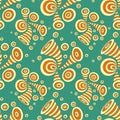 Seamless pattern with doodle abstract deformation circles in yellow orange on blue