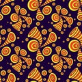 Seamless pattern with doodle abstract deformation circles in yellow orange on dark blue