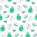 Seamless pattern doodle apple outline with spots. Whole, pieces, seeds and leaves.