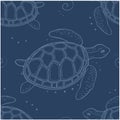 Seamless pattern doodle big turtle - contour drawing on poseidon background