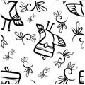 Seamless pattern doodle black birds in glass and decor floral curl