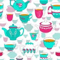 Seamless pattern of the doodle bright cup and pot. Royalty Free Stock Photo
