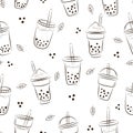 Seamless pattern with doodle bubble tea glasses. Vector cocktail drink illustration Royalty Free Stock Photo