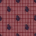 Seamless pattern with doodle bugs ornament. Pastel navy blue insects with red folk ornament on maroon chequered background