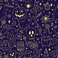 Seamless pattern with doodle cartoon Halloween objects in yellow neon color on violet background. Sketch of ghost, pumpkin, bone,