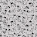 Seamless pattern with doodle cats. Background with funny domestic kitty in line art sketchy style.