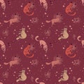 Seamless pattern with doodle cats drinking wine Royalty Free Stock Photo