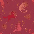 Seamless pattern with doodle cats drinking wine Royalty Free Stock Photo