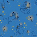 Seamless pattern with doodle cats drinking wine Royalty Free Stock Photo