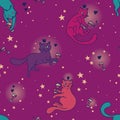 Seamless pattern with doodle cats drinking wine Royalty Free Stock Photo