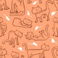 Seamless pattern with doodle cats and mouse. Background with fun Royalty Free Stock Photo