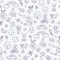 Seamless pattern with doodle children, house, summer, sun. Hand drawn funny little kids play, run and jump. Cute