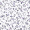 Seamless pattern with doodle children, house, sun and bike. Hand drawn funny little kids play, run and jump. Cute