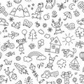 Seamless pattern with doodle children, house, sun, rainbow and bike. Hand drawn funny little kids play, run and jump