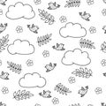Seamless pattern with Doodle clouds, birds, coloring page Royalty Free Stock Photo