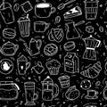 Seamless pattern with doodle coffee items as coffee makers, cups, bakery, milk, cookies, croissant, donut, macaron for