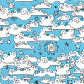 Seamless pattern Doodle Collection of Hand Drawn Vector Clouds. Set of cartoon cute simple clouds outlines shapes. White with a bl Royalty Free Stock Photo