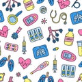 Seamless pattern with doodle colored pneumonia icons.