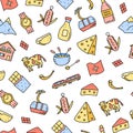 Seamless pattern with doodle Switzerland travel icons.