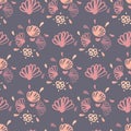 Seamless pattern with doodle contoured flowers. Abstract botanic silhouettes in pink tones on grey background