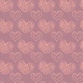 A seamless pattern of doodle cream hearts on a soft pink backdrop. Pastel background for Valentine cards, fabrics, textiles