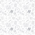 Seamless pattern with doodle elements for online show, podcast, radio. Outline hand drawn microphone, headphone, female Royalty Free Stock Photo