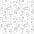 Seamless pattern with doodle elements symbolizing podcast, radio, online show. Outline hand drawn microphones Royalty Free Stock Photo