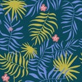 Seamless pattern with doodle Exotic tropical jungle rainforest frame. green palm leaves tree with parrot monstera leaves flowers. Royalty Free Stock Photo