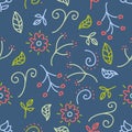 Seamless pattern with doodle of flower and leaf on blue background for artwork, cute style