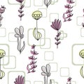 Seamless pattern with doodle flowers and floral elements of delicate shades arranged chaotically, combined with gray rounded Royalty Free Stock Photo