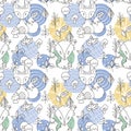 Seamless pattern with doodle foxes and woods. Wild background with cute scandinavian animals Royalty Free Stock Photo