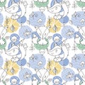 Seamless pattern with doodle foxes and woods. Wild background with cute scandinavian animals Royalty Free Stock Photo