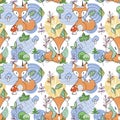 Seamless pattern with doodle foxes and woods. Wild background with cute scandinavian animals Royalty Free Stock Photo