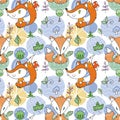 Seamless pattern with doodle foxes and woods. Wild background with cute scandinavian animals Royalty Free Stock Photo