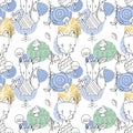 Seamless pattern with doodle foxes and woods. Wild background with cute scandinavian animals Royalty Free Stock Photo