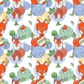 Seamless pattern with doodle foxes and woods. Wild background with cute scandinavian animals Royalty Free Stock Photo