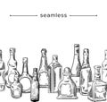 Seamless Pattern with Doodle Glass Bottles of Various Shapes Vodka, Rum, Beer, Whiskey Alcohol Drinks Empty Flasks