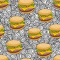 Seamless pattern with doodle hamburger on the artistic background.